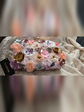 Bebe Embellished Floral Clutch - Pink Sequin Flower Appliqué